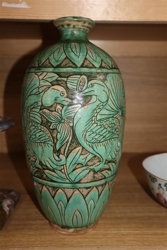 A Chinese Cizhou type green glazed mandarin duck vase height 31cm